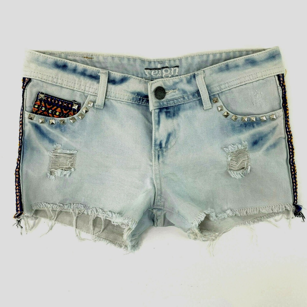 Reign Junior Jean Shorts Size 5 Short Studded Distressed Embellish Raw Hem Denim